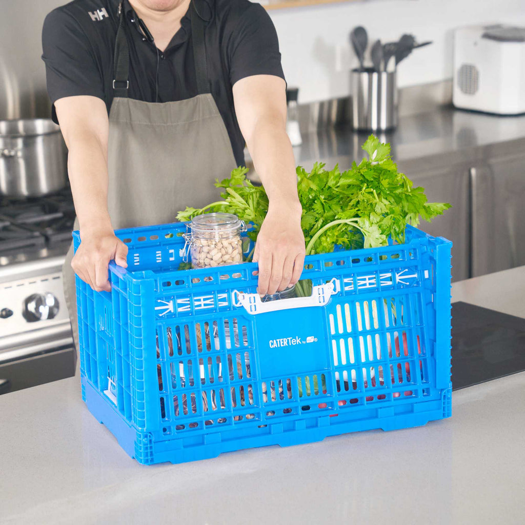 Cater Tek Rectangle Blue Plastic Collapsible Crate - Vented, Stackable - 23 3/4" x 15 3/4" x 13 1/2" - 10 count box