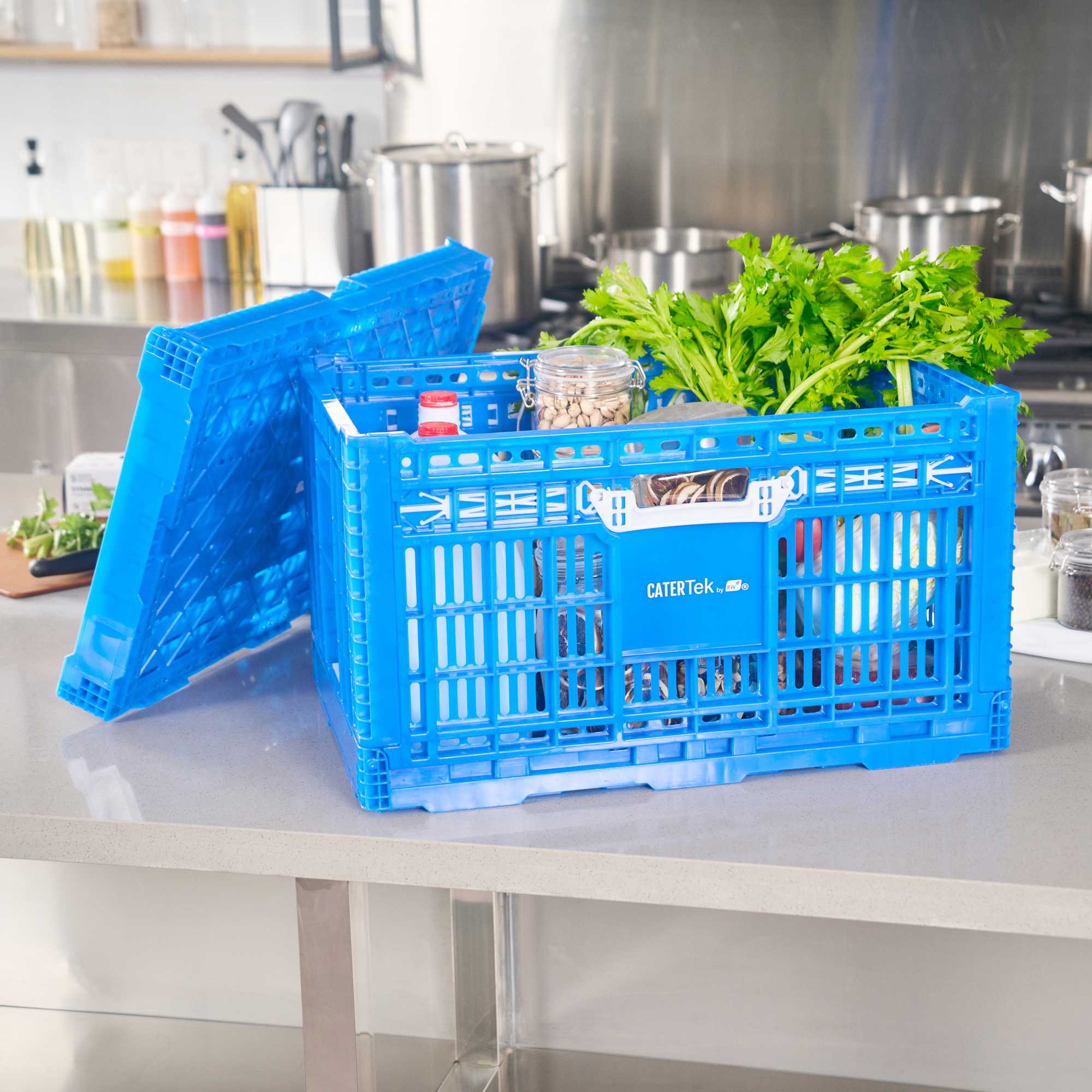 Cater Tek Rectangle Blue Plastic Collapsible Crate - Vented, Stackable - 23 3/4" x 15 3/4" x 13 1/2" - 10 count box