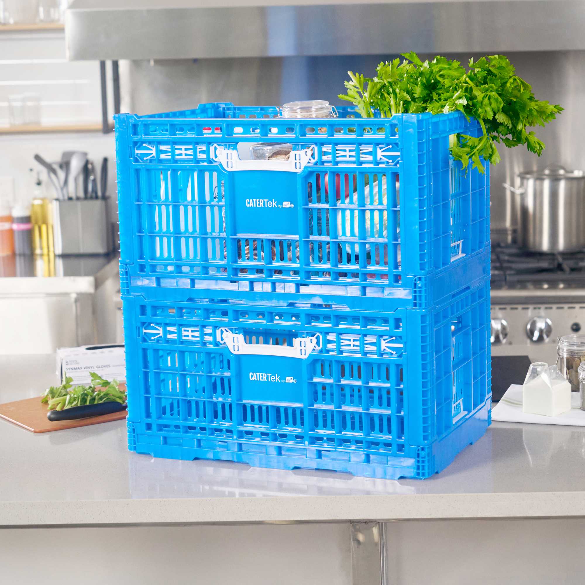 Cater Tek Rectangle Blue Plastic Collapsible Crate - Vented, Stackable - 23 3/4" x 15 3/4" x 13 1/2" - 10 count box