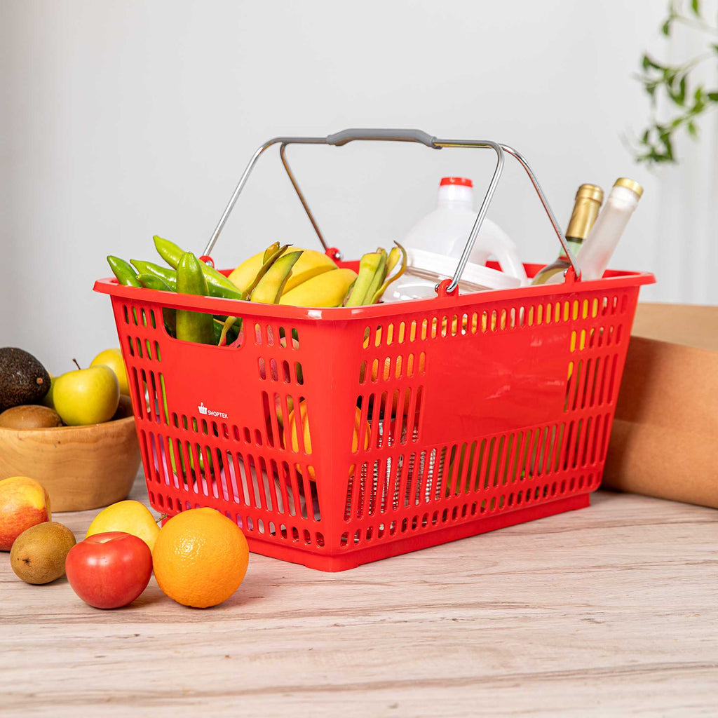 Shop Tek Red Plastic Grocery Market Shopping Basket - with Steel Handles - 19 1/4" x 13" - 10 count box