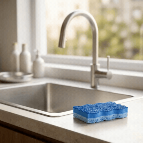 Clean Tek Professional Light-Duty Light and Dark Blue Cellulose Scouring Sponge - Grooved - 4 1/2" x 2 1/2" x 1" - 3 count box