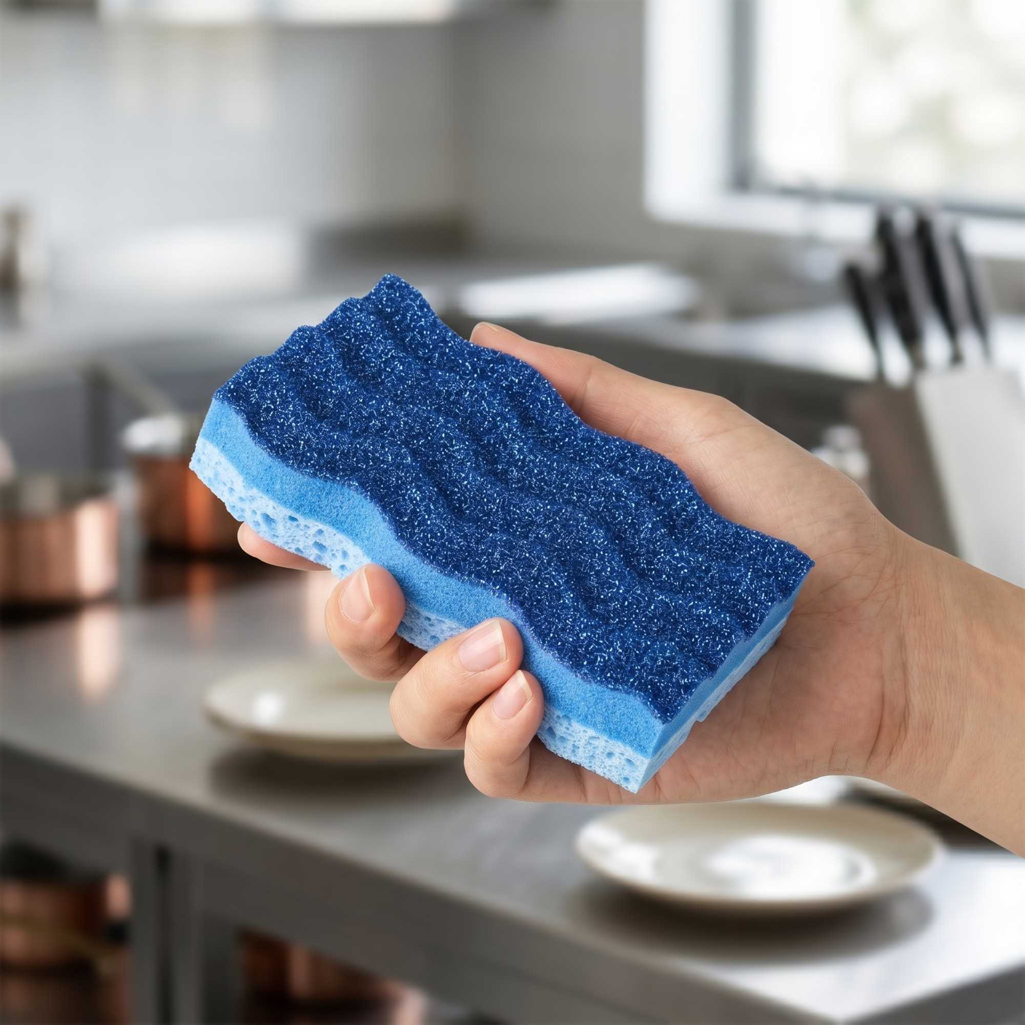 Clean Tek Professional Light-Duty Light and Dark Blue Cellulose Scouring Sponge - Grooved - 4 1/2" x 2 1/2" x 1" - 60 count box