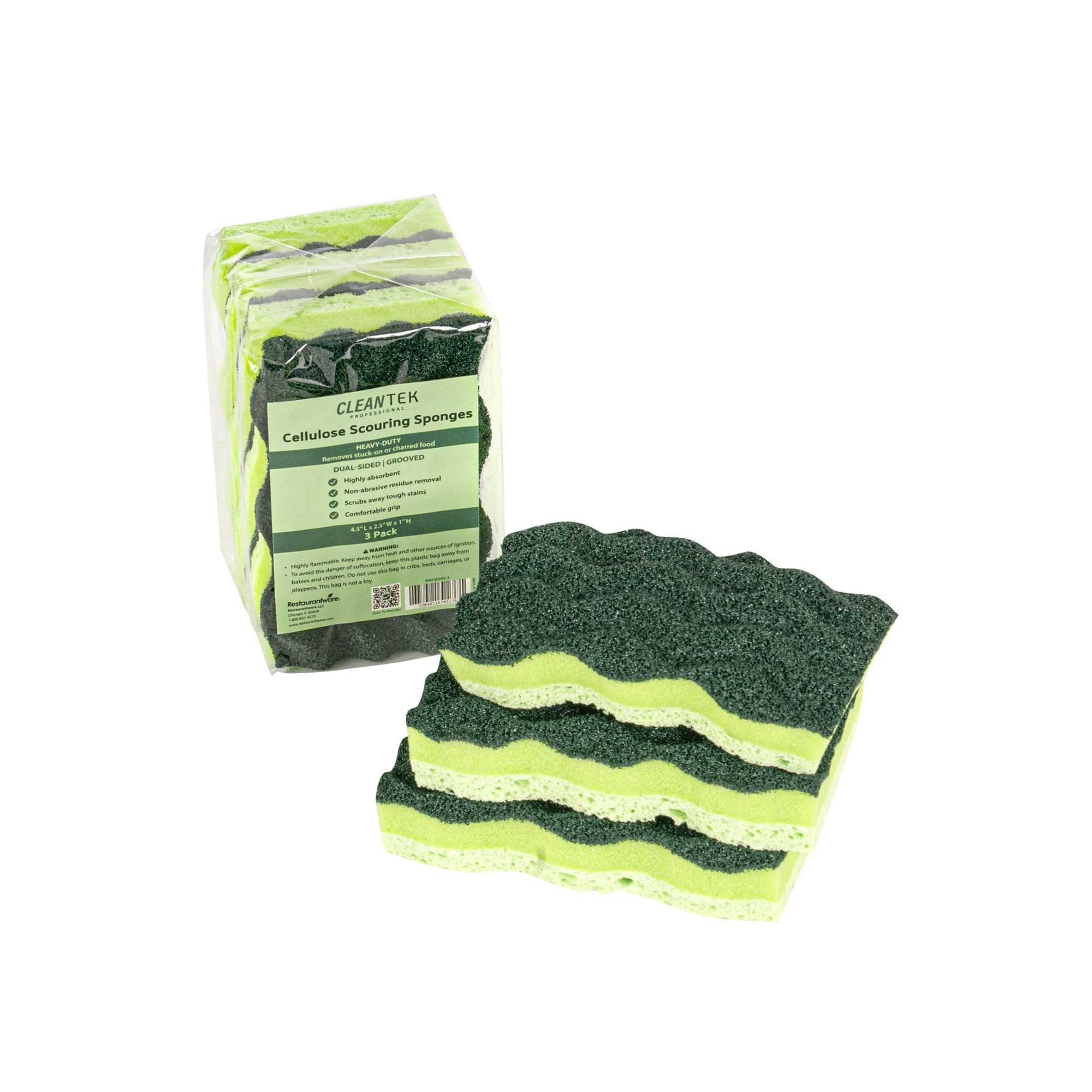 Clean Tek Professional Heavy-Duty Light and Dark Green Cellulose Scouring Sponge - Grooved - 4 1/2" x 2 1/2" x 1" - 60 count box