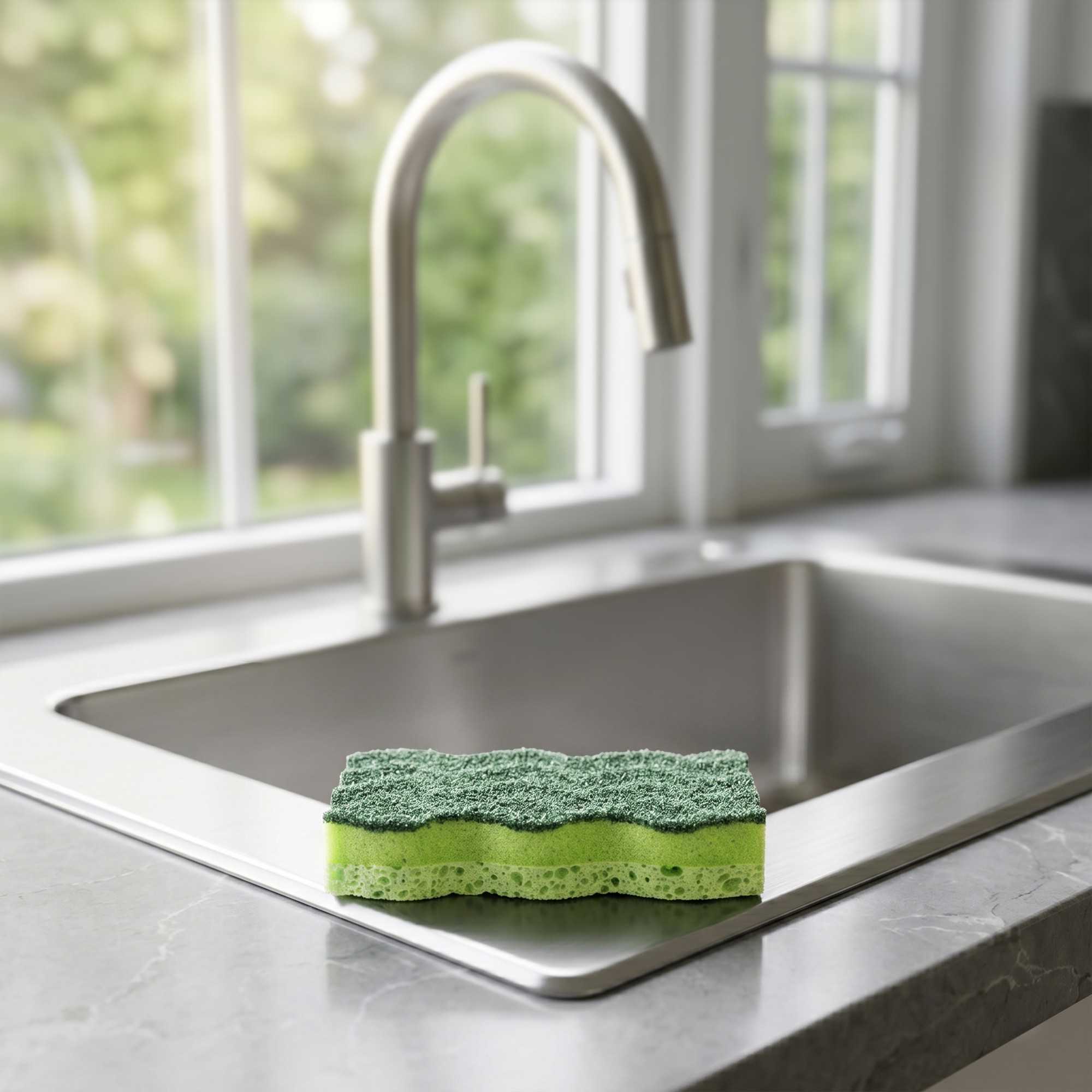 Clean Tek Professional Heavy-Duty Light and Dark Green Cellulose Scouring Sponge - Grooved - 4 1/2" x 2 1/2" x 1" - 60 count box