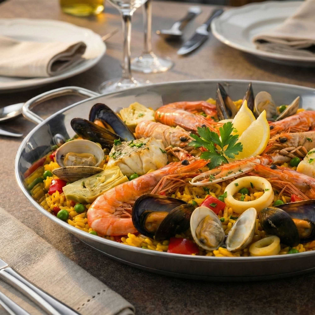 Met Lux Round Stainless Steel Paella Pan - Induction Ready - 13 1/2" x 10" x 1 1/2" - 1 count box