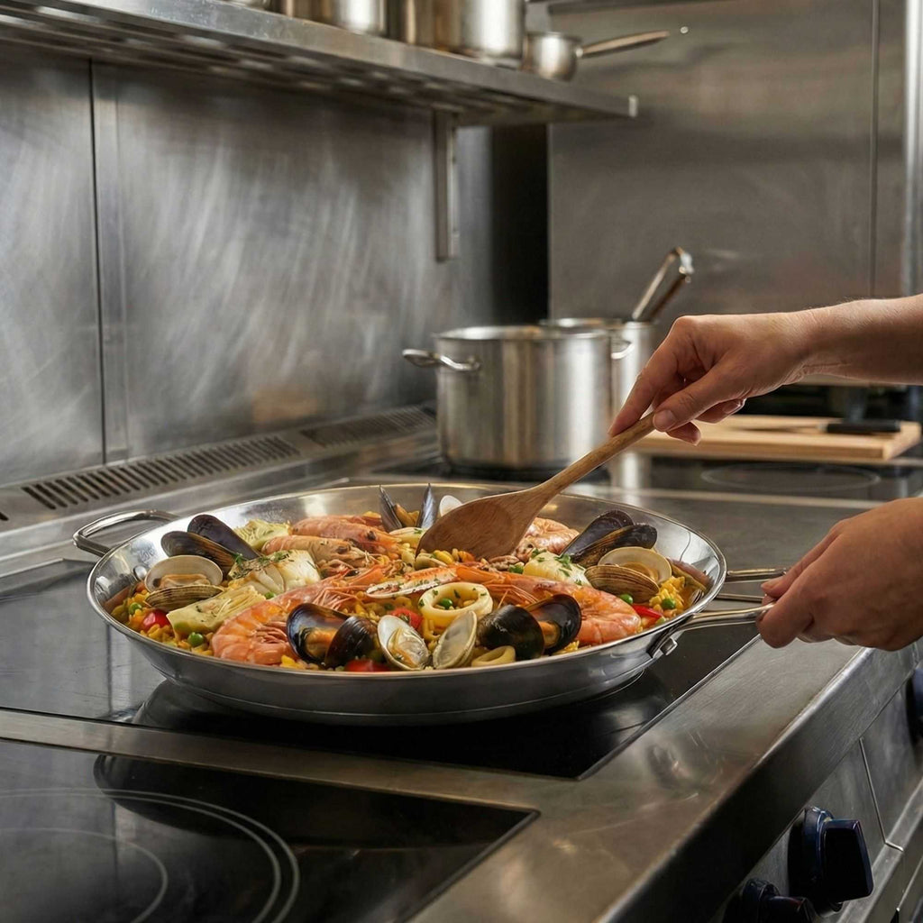 Met Lux Round Stainless Steel Paella Pan - Induction Ready - 13 1/2" x 10" x 1 1/2" - 1 count box
