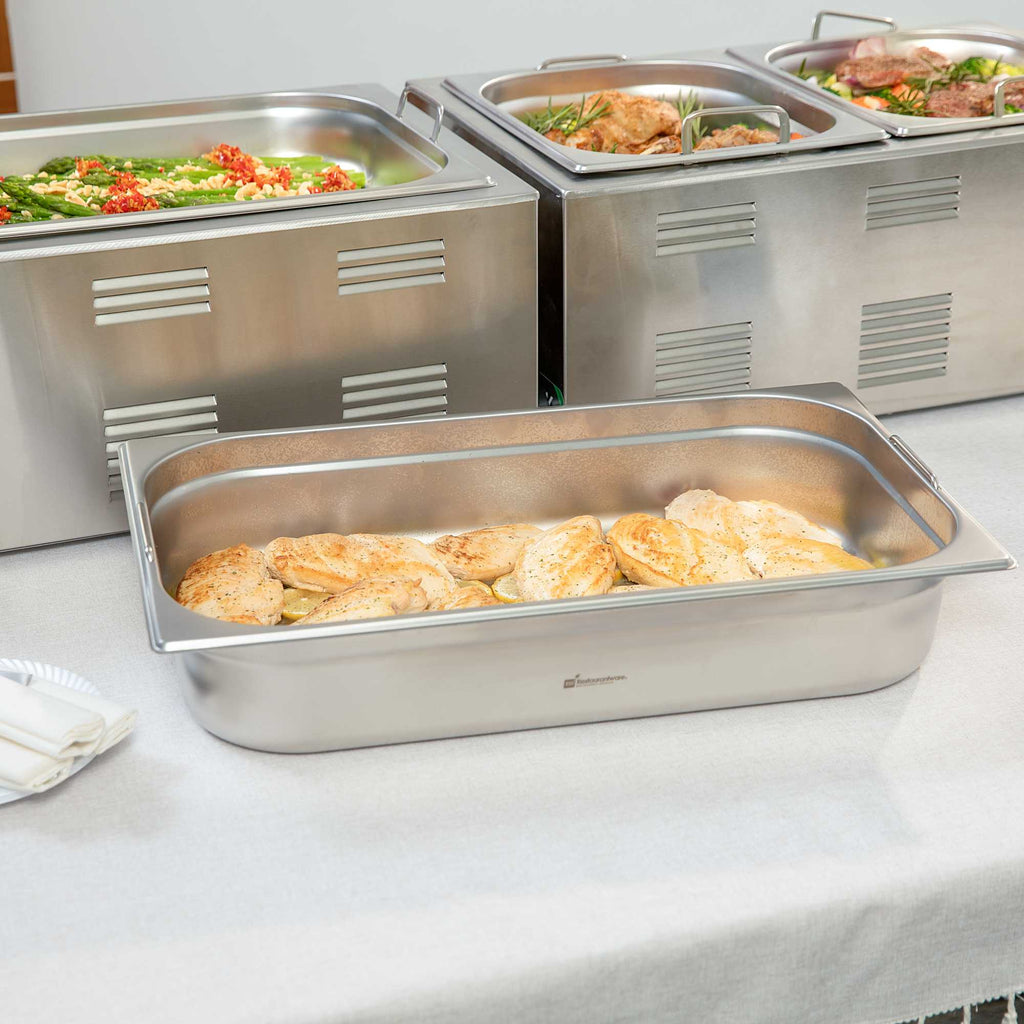 Met Lux Rectangle Stainless Steel Full Size Steam Table Pan 4 Inch Deep - Anti Jam, Collapsible Handles - 1 count box