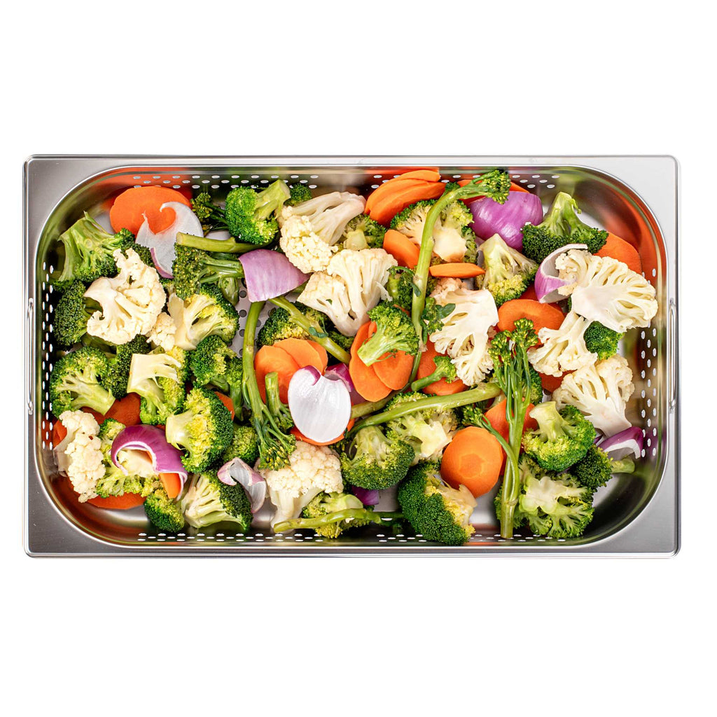 Met Lux Rectangle Stainless Steel Full Size Steam Table Pan 2.5 Inch Deep - Perforated, Anti Jam, Collapsible Handles - 1 count box