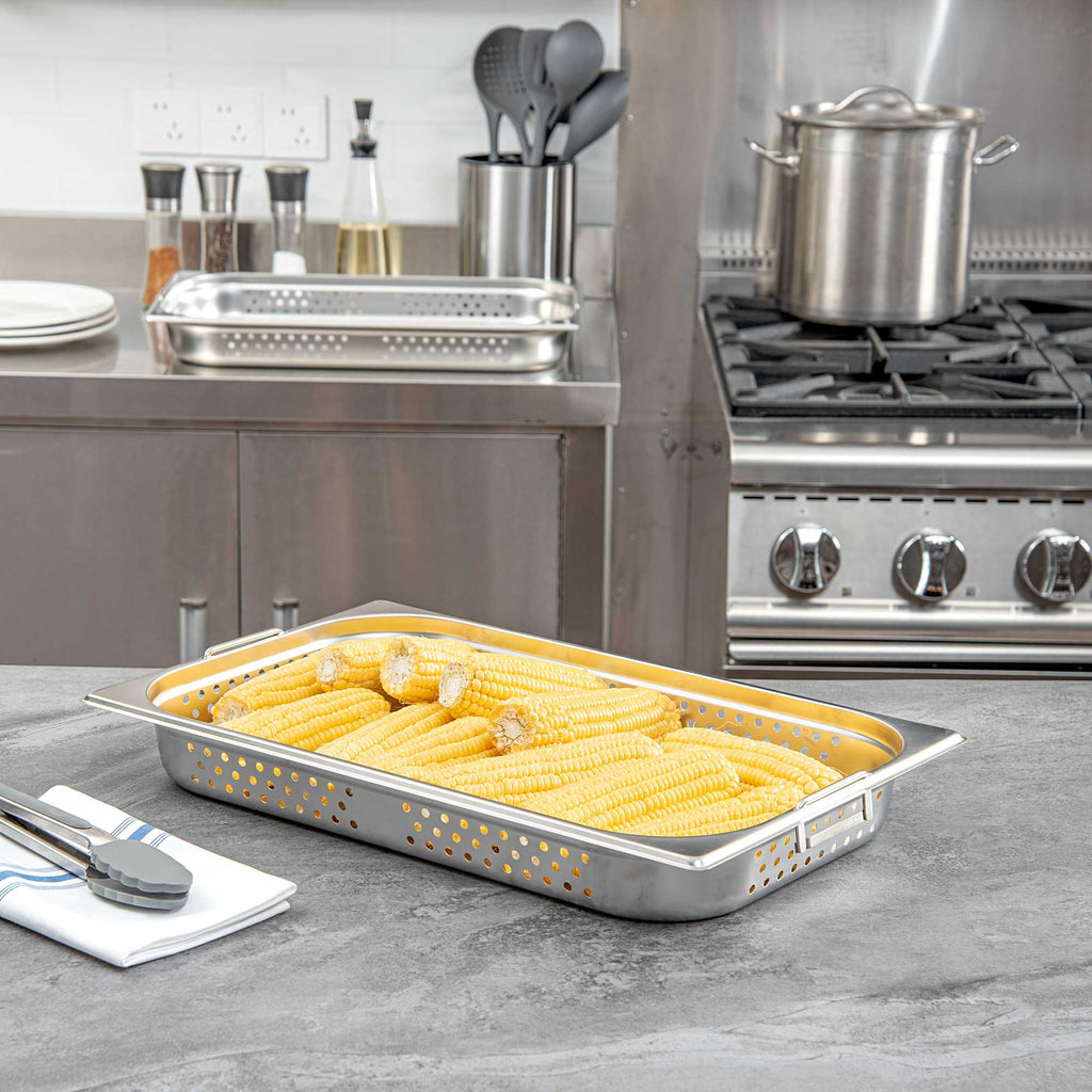 Met Lux Rectangle Stainless Steel Full Size Steam Table Pan 2.5 Inch Deep - Perforated, Anti Jam, Collapsible Handles - 1 count box