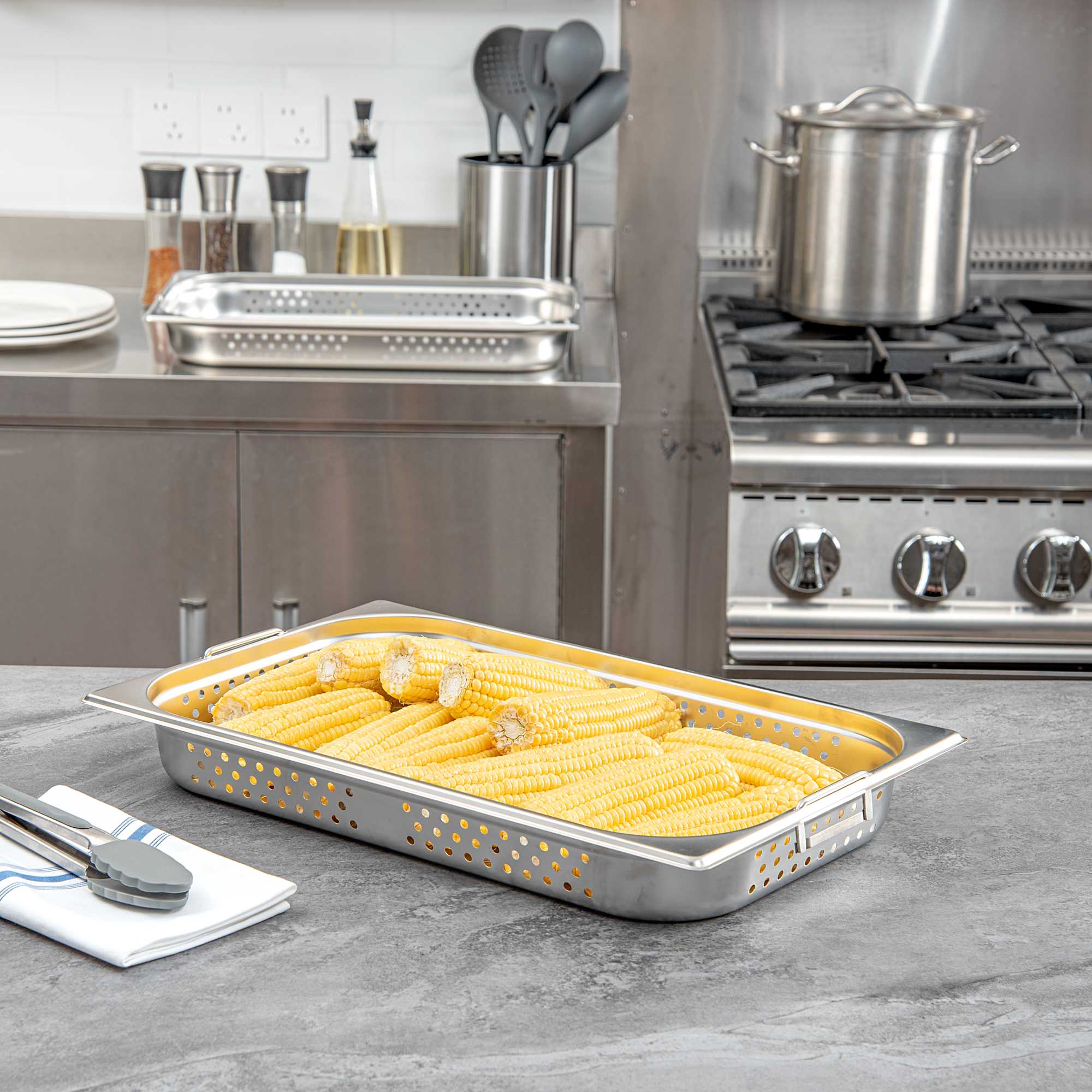 Met Lux Rectangle Stainless Steel Full Size Steam Table Pan 2.5 Inch Deep - Perforated, Anti Jam, Collapsible Handles - 1 count box