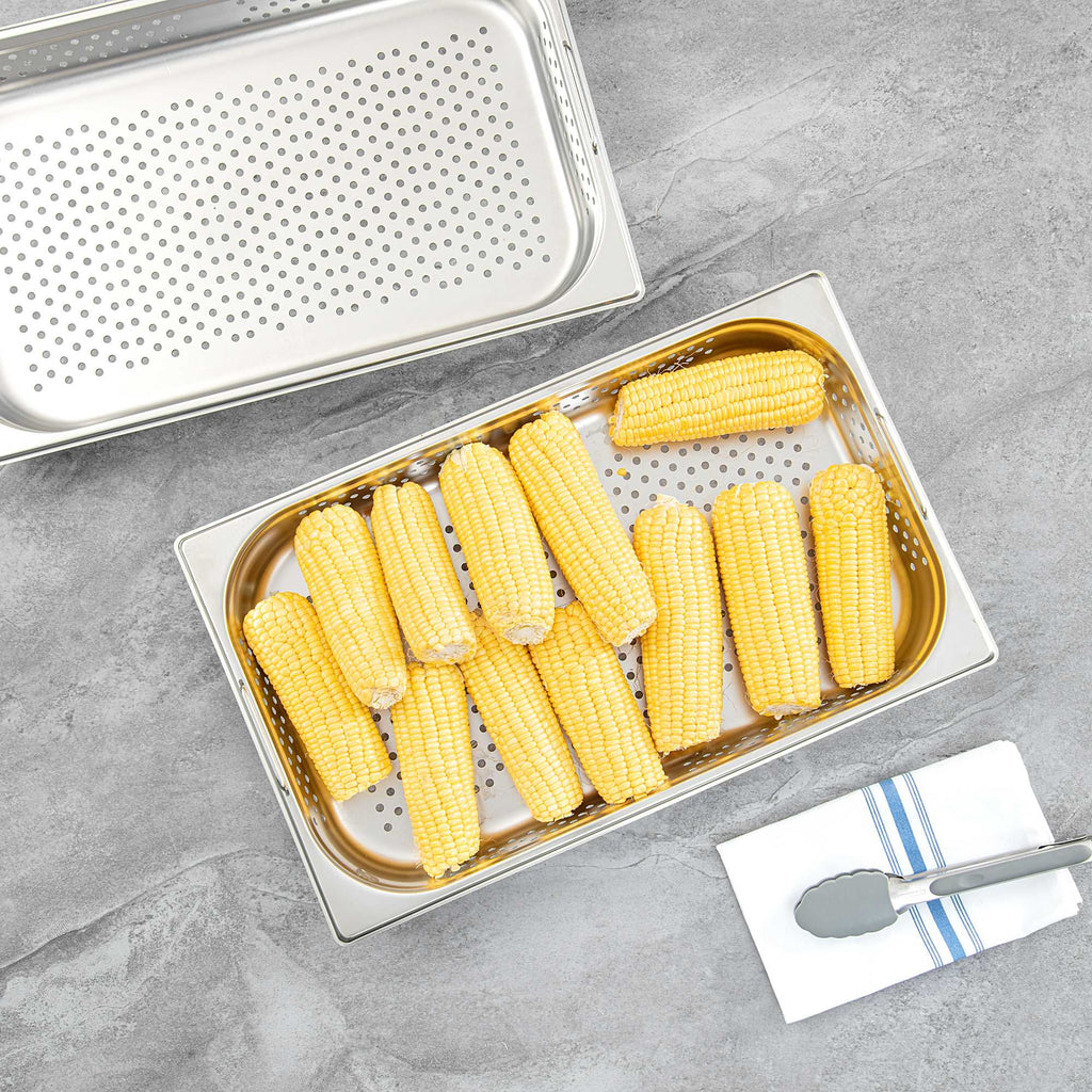 Met Lux Rectangle Stainless Steel Full Size Steam Table Pan 2.5 Inch Deep - Perforated, Anti Jam, Collapsible Handles - 1 count box