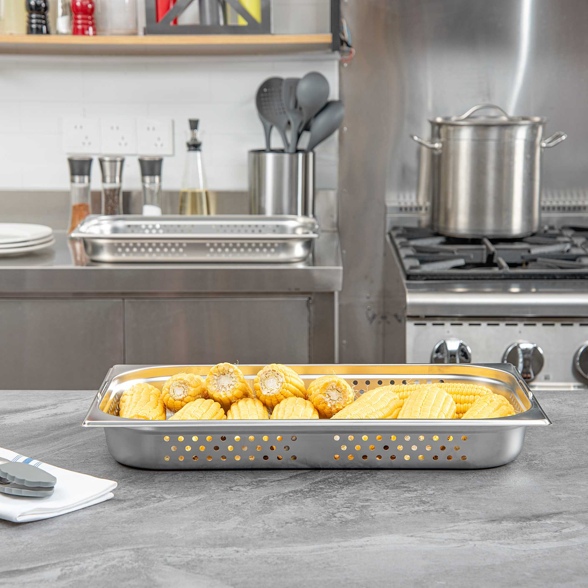 Met Lux Rectangle Stainless Steel Full Size Steam Table Pan 2.5 Inch Deep - Perforated, Anti Jam, Collapsible Handles - 1 count box