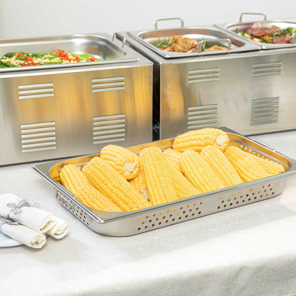 Met Lux Rectangle Stainless Steel Full Size Steam Table Pan 2.5 Inch Deep - Perforated, Anti Jam, Collapsible Handles - 1 count box
