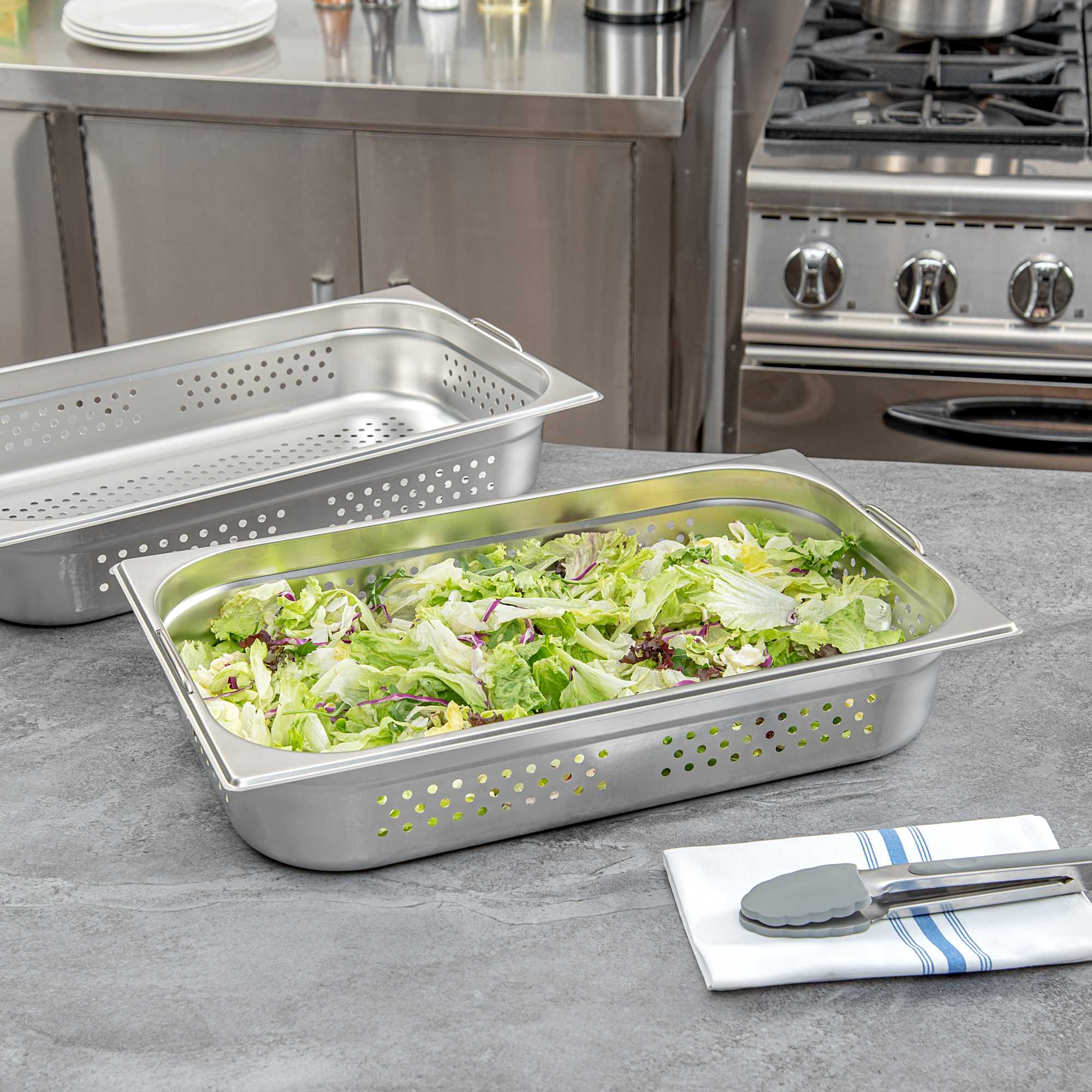 Met Lux Rectangle Stainless Steel Full Size Steam Table Pan 4 Inch Deep - Perforated, Anti Jam, Collapsible Handles - 1 count box