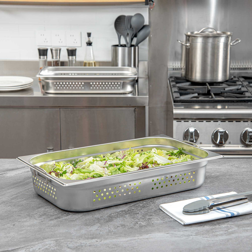 Met Lux Rectangle Stainless Steel Full Size Steam Table Pan 4 Inch Deep - Perforated, Anti Jam, Collapsible Handles - 1 count box