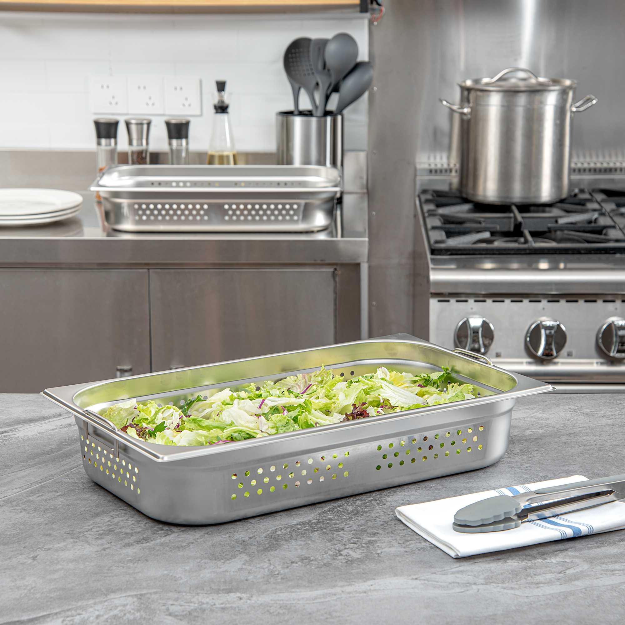 Met Lux Rectangle Stainless Steel Full Size Steam Table Pan 4 Inch Deep - Perforated, Anti Jam, Collapsible Handles - 1 count box