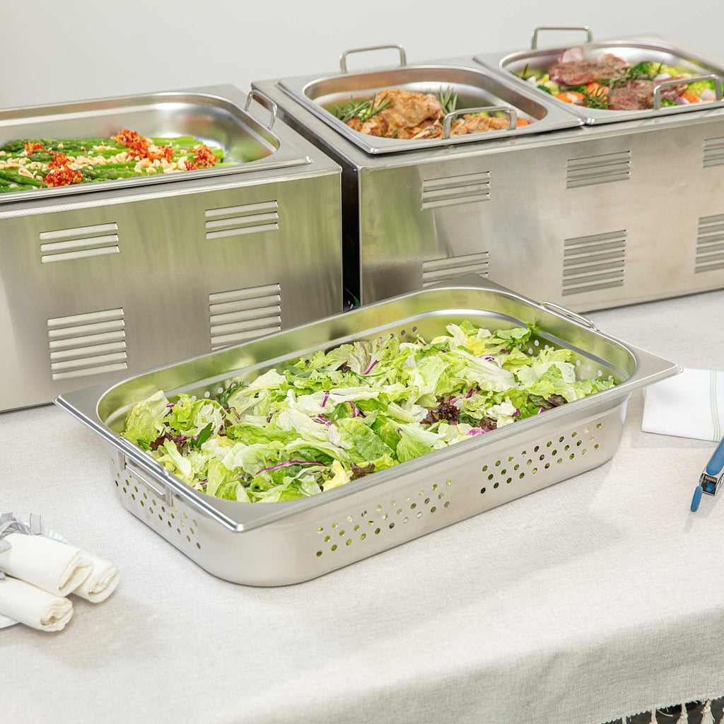 Met Lux Rectangle Stainless Steel Full Size Steam Table Pan 4 Inch Deep - Perforated, Anti Jam, Collapsible Handles - 1 count box