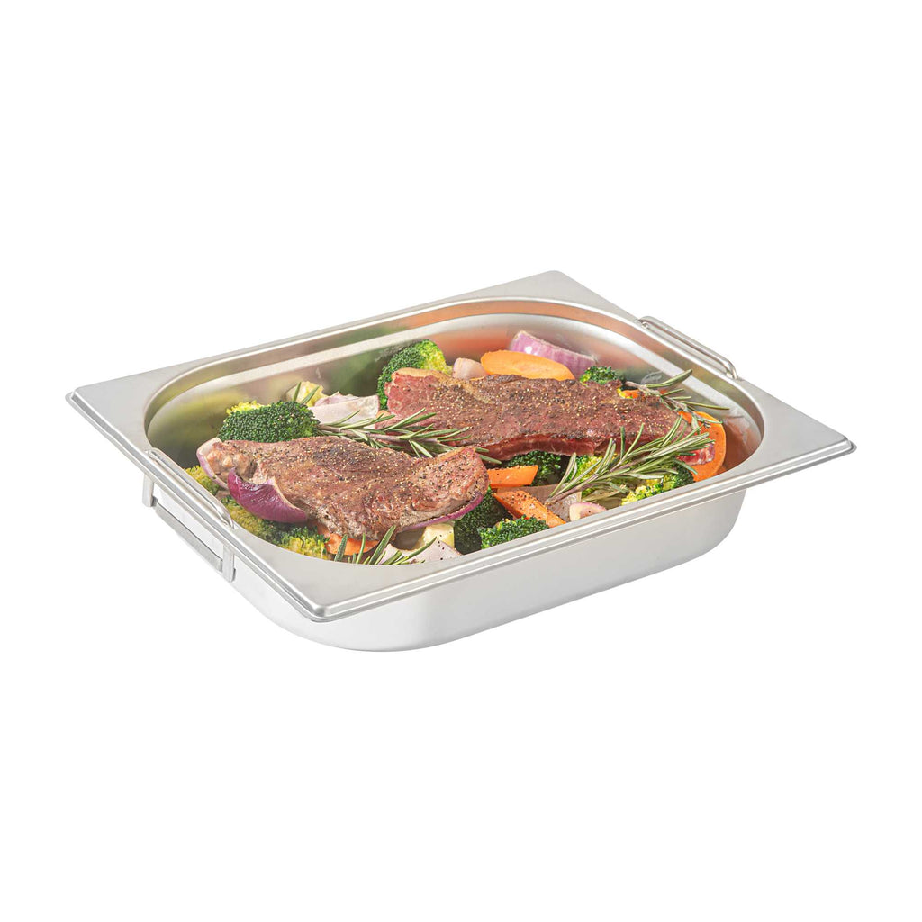 Met Lux Rectangle Stainless Steel 1/2 Size Steam Table Pan 2.5 Inch Deep - Anti Jam, Collapsible Handles - 1 count box