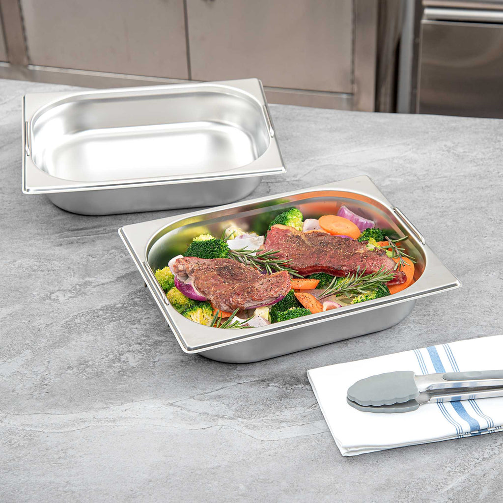 Met Lux Rectangle Stainless Steel 1/2 Size Steam Table Pan 2.5 Inch Deep - Anti Jam, Collapsible Handles - 1 count box