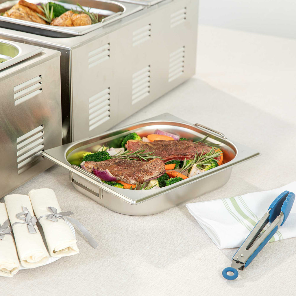 Met Lux Rectangle Stainless Steel 1/2 Size Steam Table Pan 2.5 Inch Deep - Anti Jam, Collapsible Handles - 1 count box