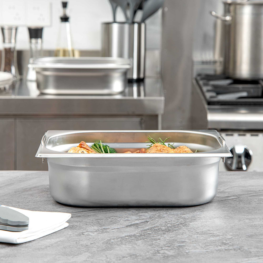 Met Lux Rectangle Stainless Steel 1/2 Size Steam Table Pan 4 Inch Deep - Anti Jam, Collapsible Handles - 1 count box