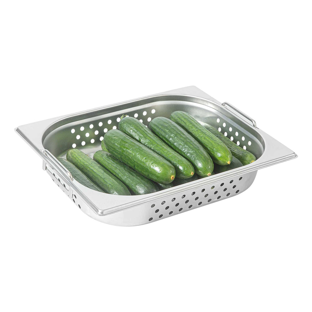 Met Lux Rectangle Stainless Steel 1/2 Size Steam Table Pan 2.5 Inch Deep - Perforated, Anti Jam, Collapsible Handles - 1 count box