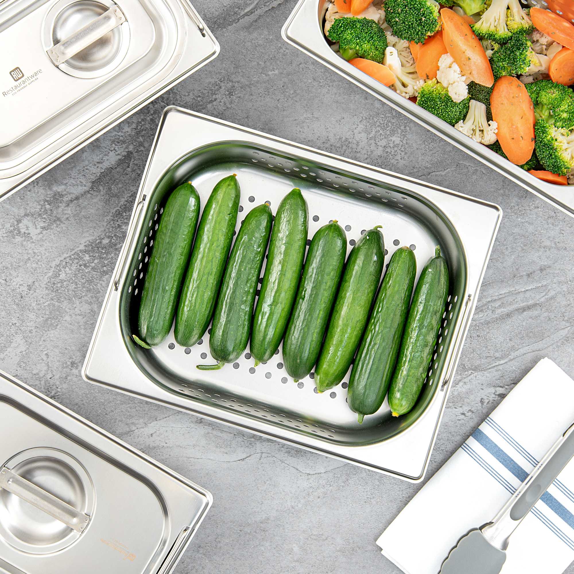 Met Lux Rectangle Stainless Steel 1/2 Size Steam Table Pan 2.5 Inch Deep - Perforated, Anti Jam, Collapsible Handles - 1 count box