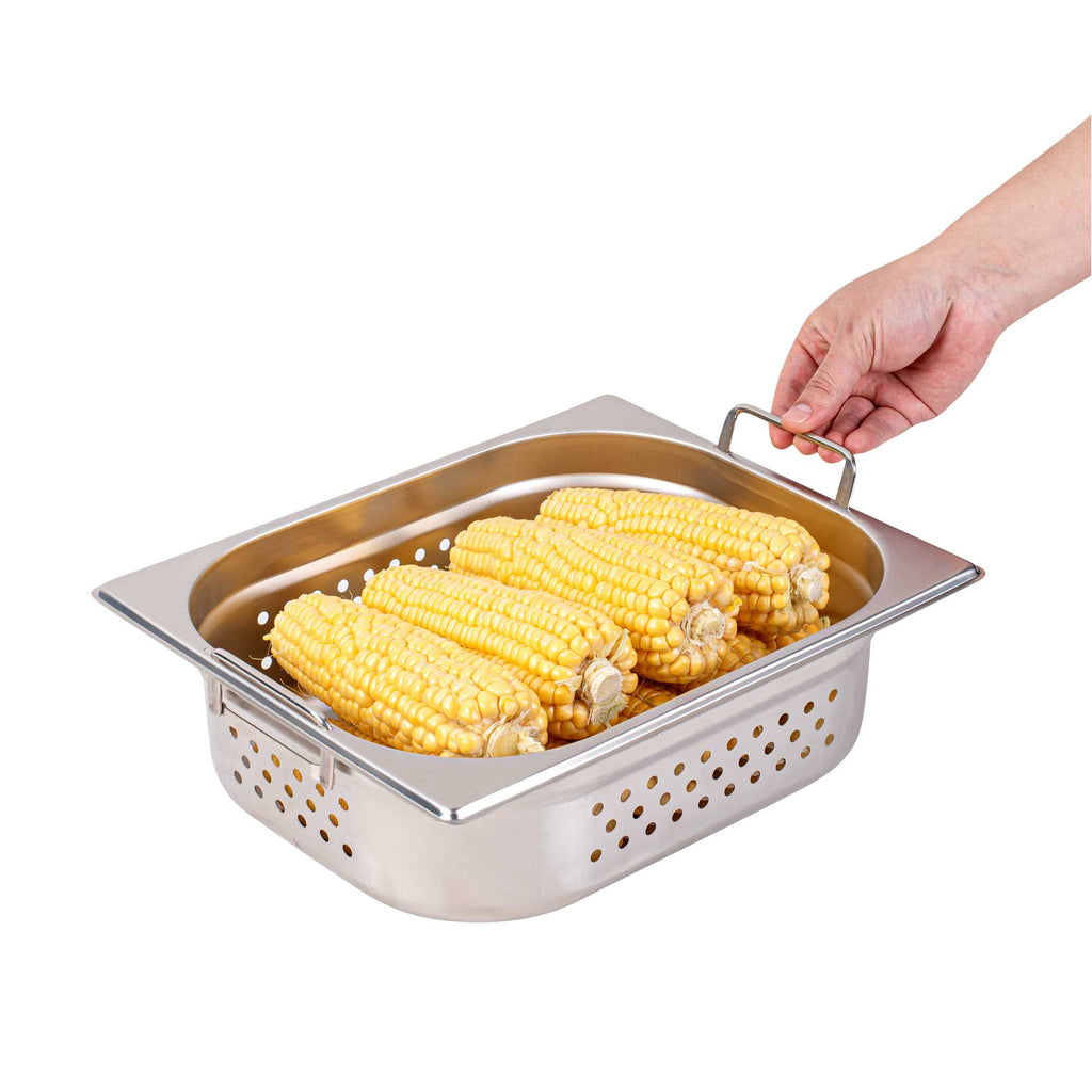 Met Lux Rectangle Stainless Steel 1/2 Size Steam Table Pan 4 Inch Deep - Perforated, Anti Jam, Collapsible Handles - 1 count box