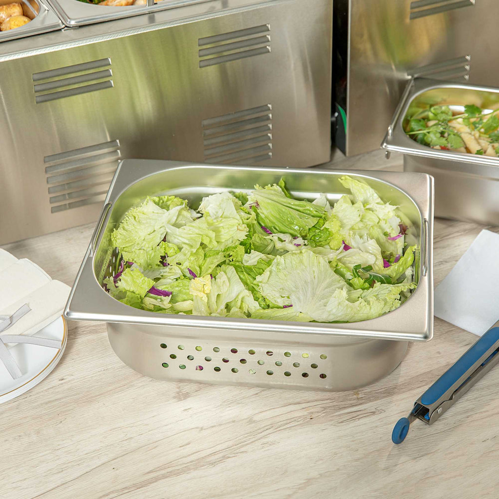 Met Lux Rectangle Stainless Steel 1/2 Size Steam Table Pan 4 Inch Deep - Perforated, Anti Jam, Collapsible Handles - 1 count box