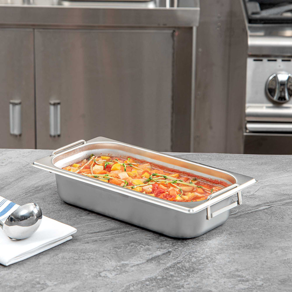 Met Lux Rectangle Stainless Steel 1/3 Size Steam Table Pan 2.5 Inch Deep - Anti Jam, Collapsible Handles - 1 count box