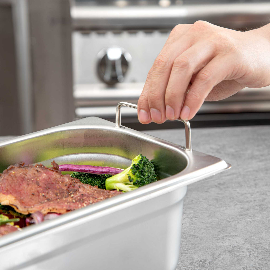 Met Lux Rectangle Stainless Steel 1/3 Size Steam Table Pan 4 Inch Deep - Anti Jam, Collapsible Handles - 1 count box
