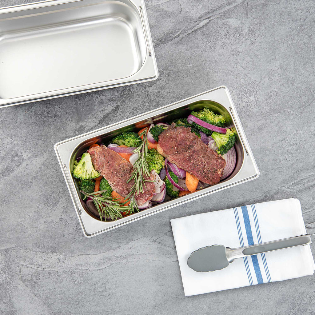 Met Lux Rectangle Stainless Steel 1/3 Size Steam Table Pan 4 Inch Deep - Anti Jam, Collapsible Handles - 1 count box