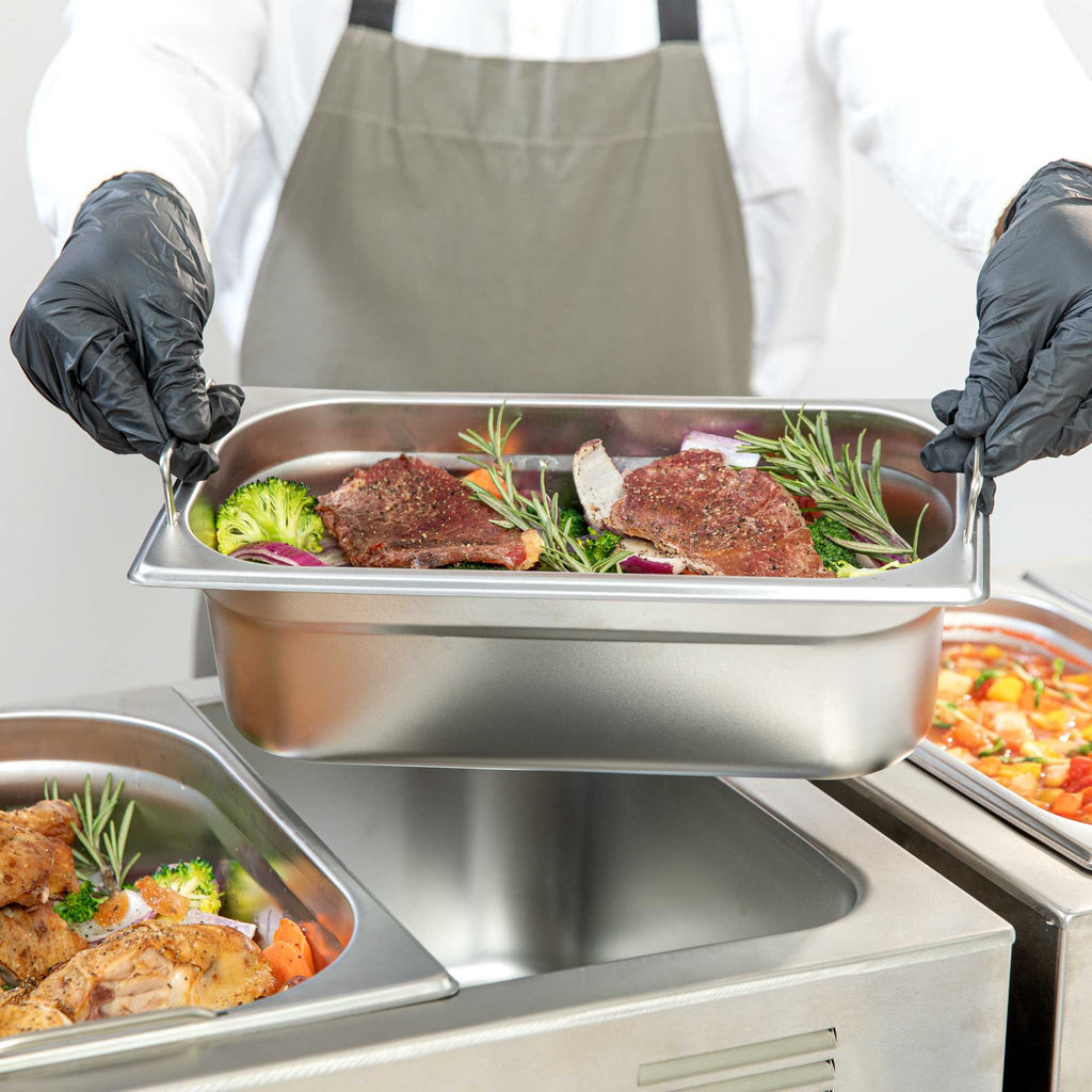 Met Lux Rectangle Stainless Steel 1/3 Size Steam Table Pan 4 Inch Deep - Anti Jam, Collapsible Handles - 1 count box