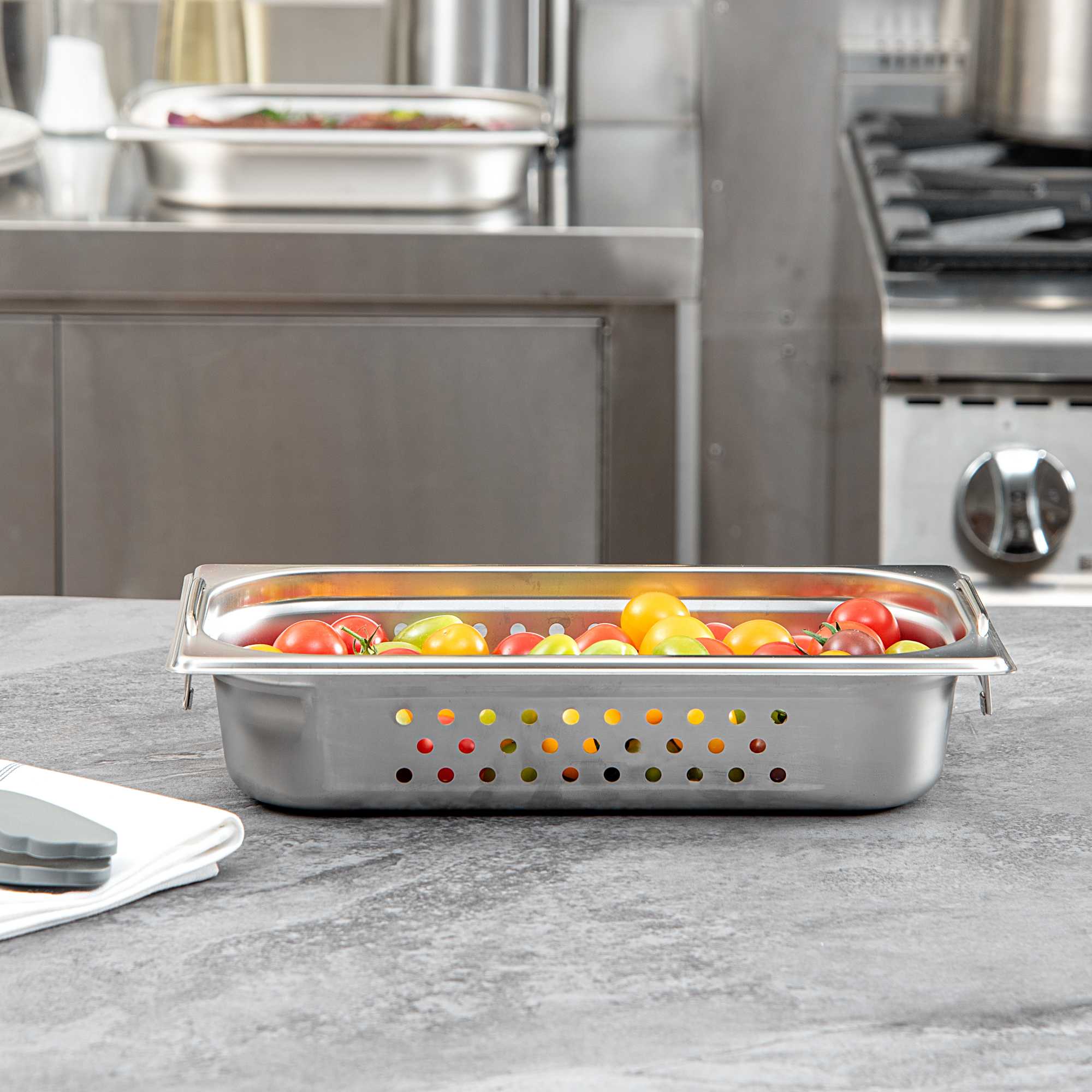 Met Lux Rectangle Stainless Steel 1/3 Size Steam Table Pan 2.5 Inch Deep - Perforated, Anti Jam, Collapsible Handles - 1 count box