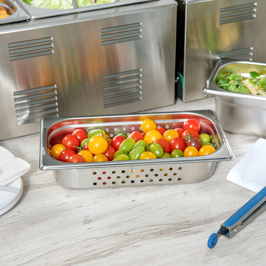 Met Lux Rectangle Stainless Steel 1/3 Size Steam Table Pan 2.5 Inch Deep - Perforated, Anti Jam, Collapsible Handles - 1 count box