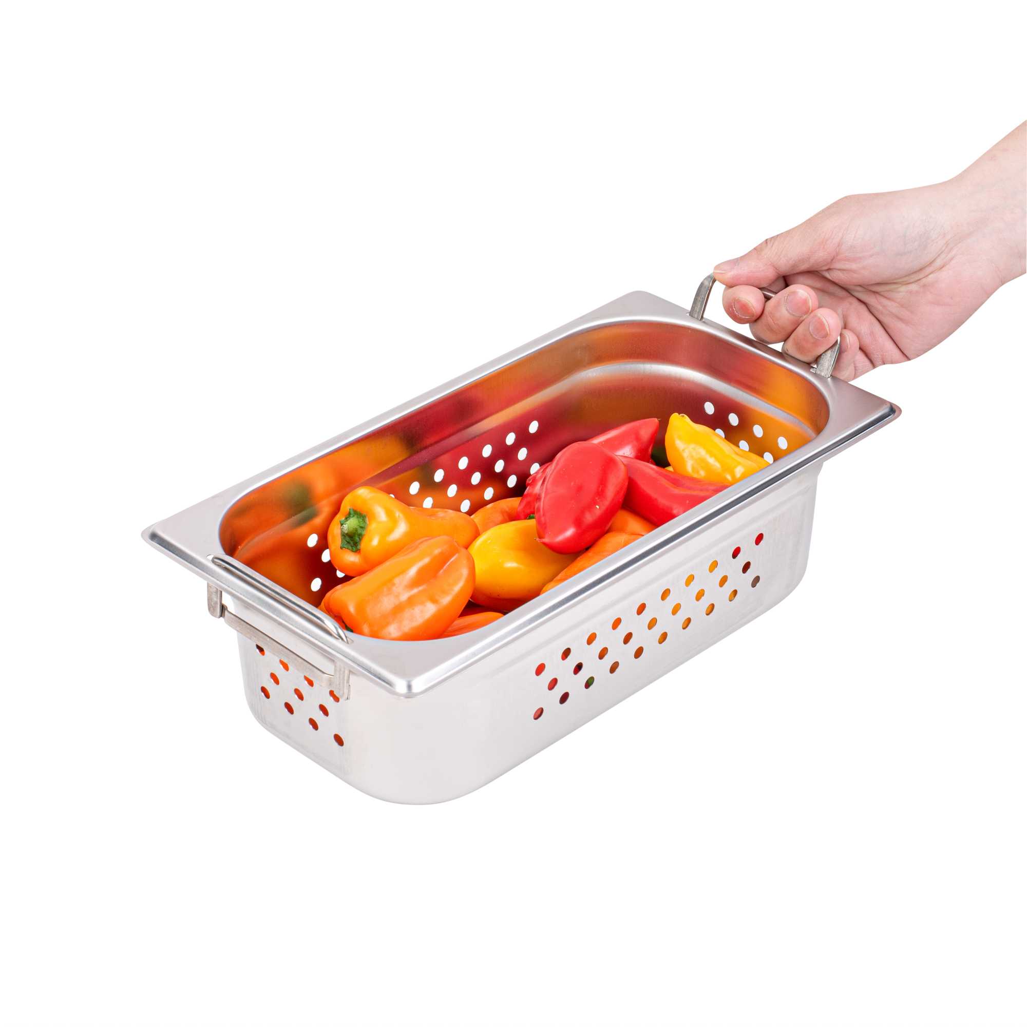 Met Lux Rectangle Stainless Steel 1/3 Size Steam Table Pan 4 Inch Deep - Perforated, Anti Jam, Collapsible Handles - 1 count box