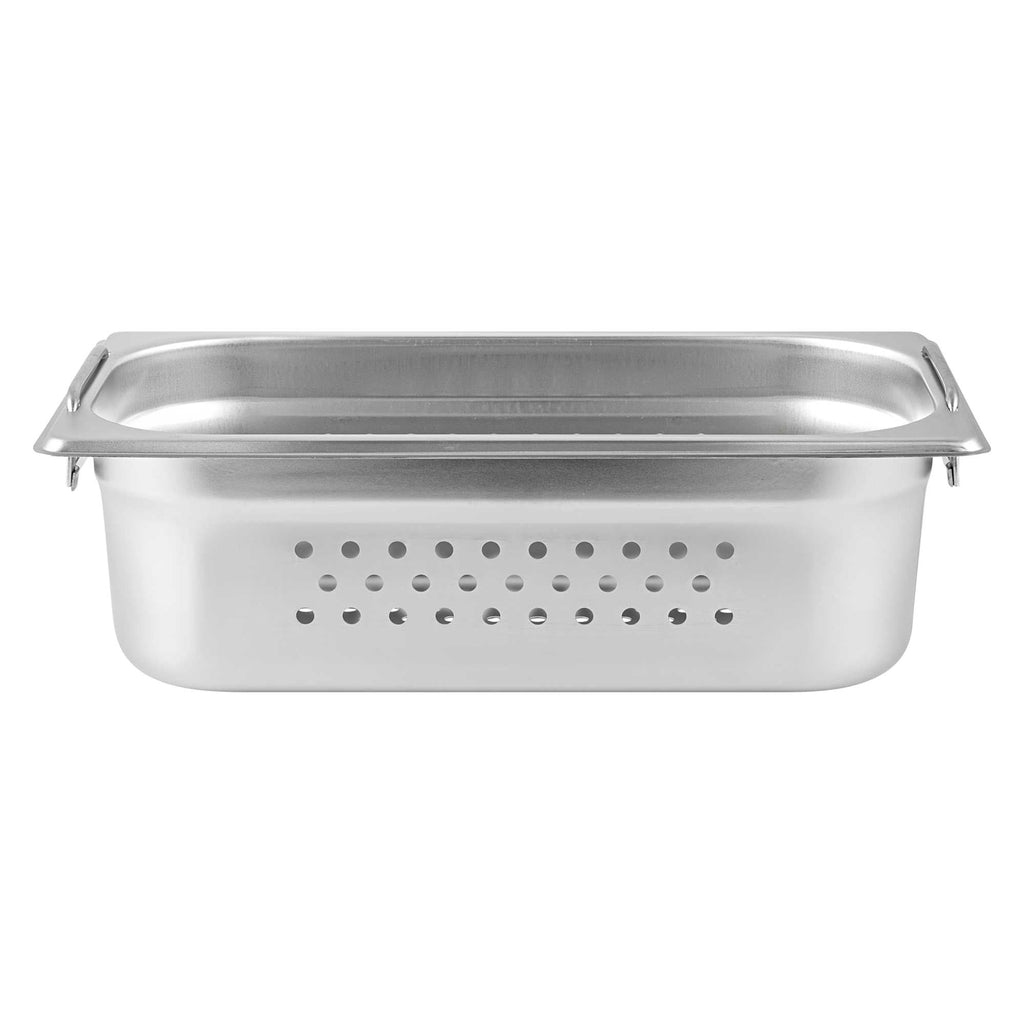 Met Lux Rectangle Stainless Steel 1/3 Size Steam Table Pan 4 Inch Deep - Perforated, Anti Jam, Collapsible Handles - 1 count box