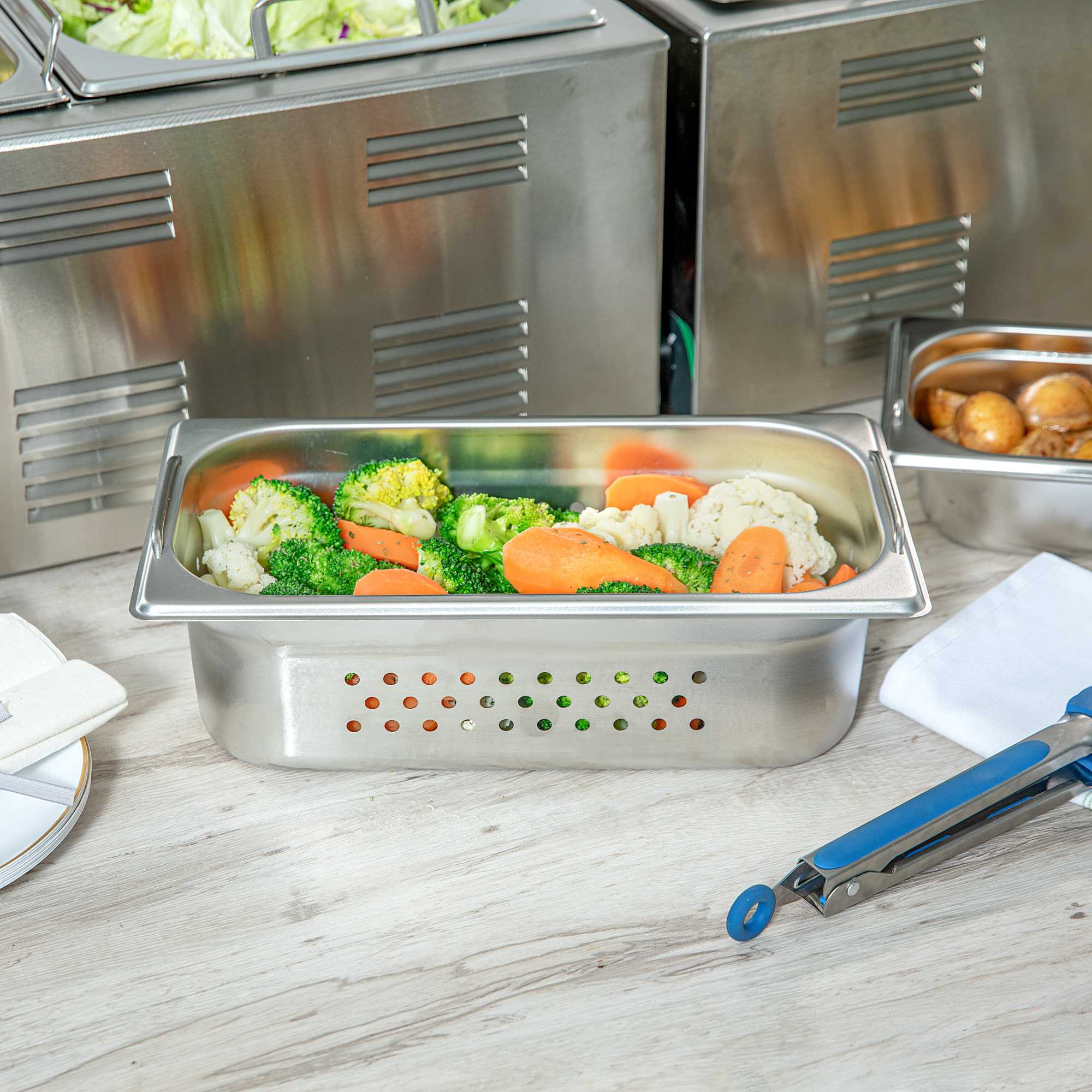 Met Lux Rectangle Stainless Steel 1/3 Size Steam Table Pan 4 Inch Deep - Perforated, Anti Jam, Collapsible Handles - 1 count box