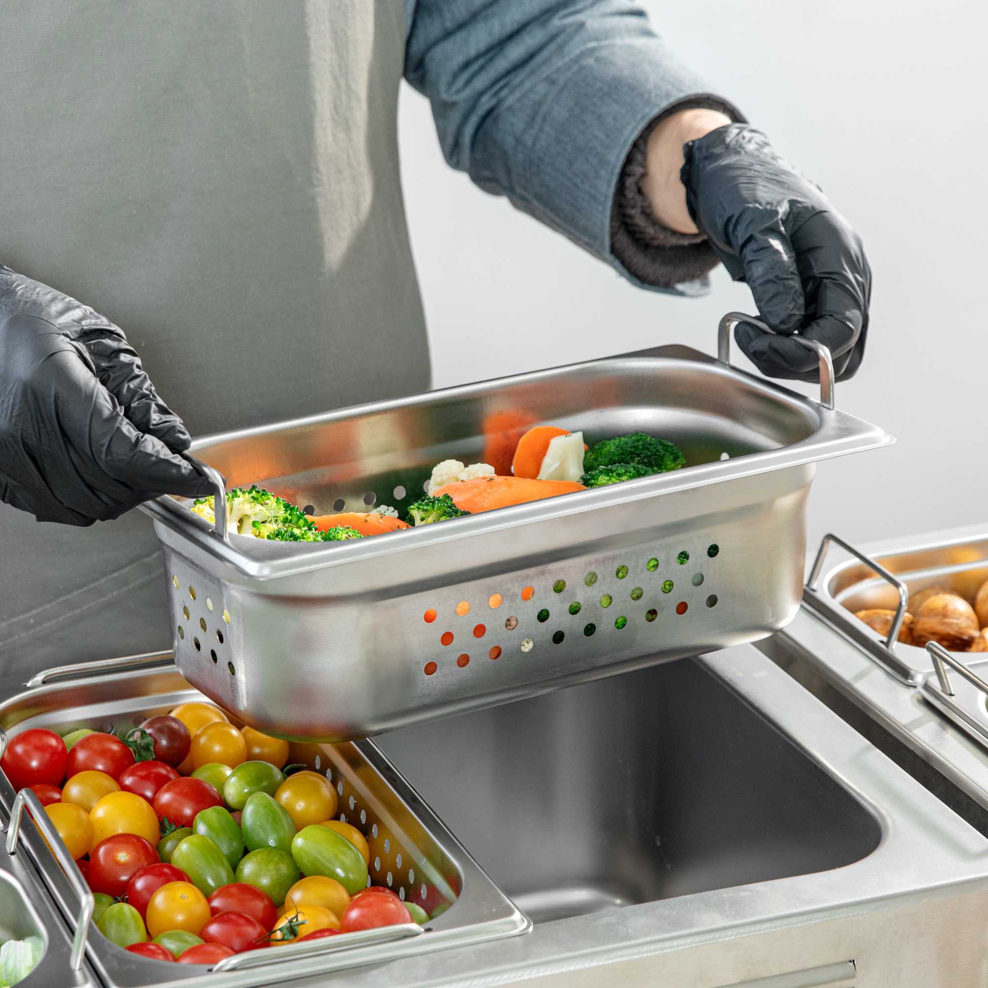 Met Lux Rectangle Stainless Steel 1/3 Size Steam Table Pan 4 Inch Deep - Perforated, Anti Jam, Collapsible Handles - 1 count box