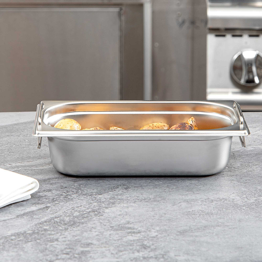 Met Lux Rectangle Stainless Steel 1/4 Size Steam Table Pan - 2.5 Inch Deep - Anti Jam, Collapsible Handles - 1 count box