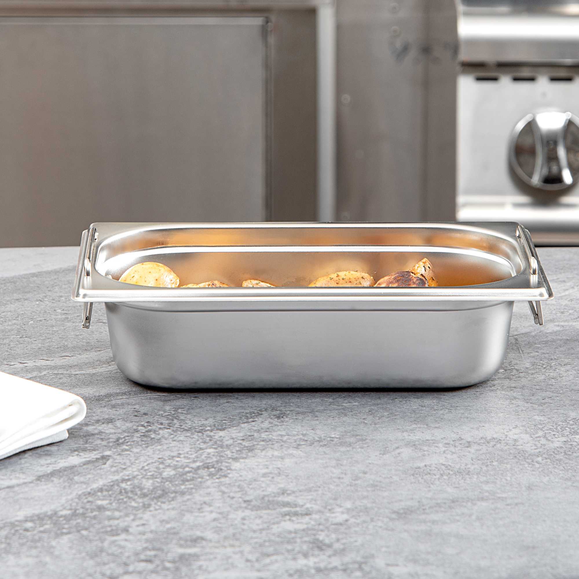 Met Lux Rectangle Stainless Steel 1/4 Size Steam Table Pan - 2.5 Inch Deep - Anti Jam, Collapsible Handles - 1 count box