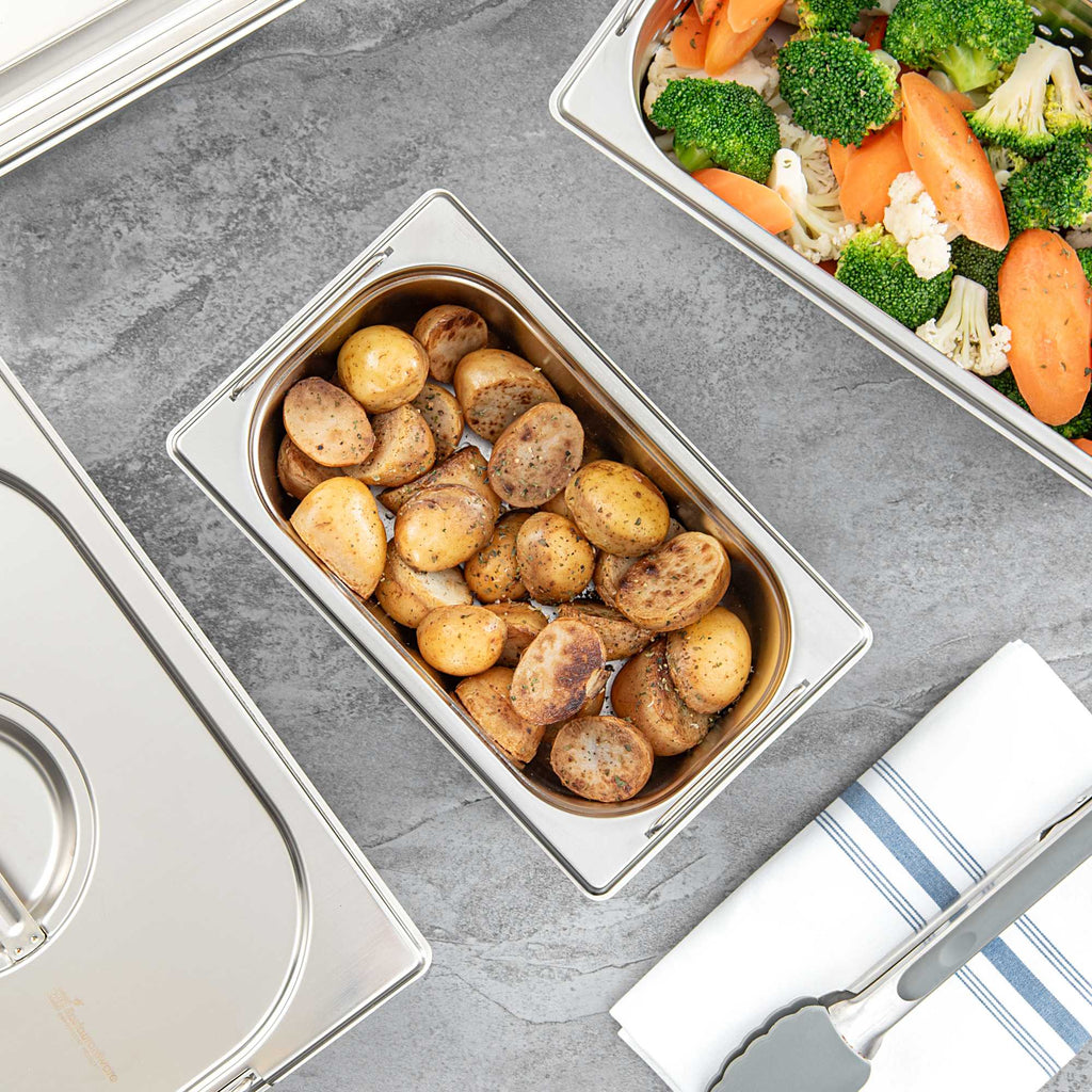 Met Lux Rectangle Stainless Steel 1/4 Size Steam Table Pan - 2.5 Inch Deep - Anti Jam, Collapsible Handles - 1 count box