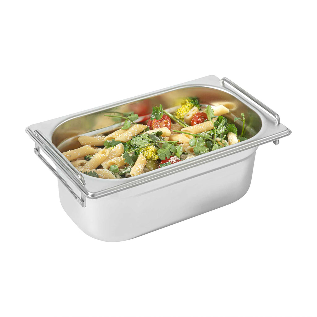 Met Lux Rectangle Stainless Steel 1/4 Size Steam Table Pan - 4 Inch Deep - Anti Jam, Collapsible Handles - 1 count box