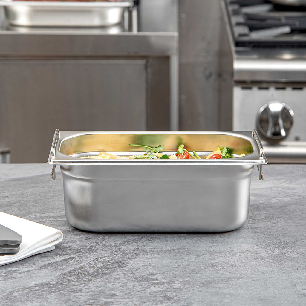 Met Lux Rectangle Stainless Steel 1/4 Size Steam Table Pan - 4 Inch Deep - Anti Jam, Collapsible Handles - 1 count box