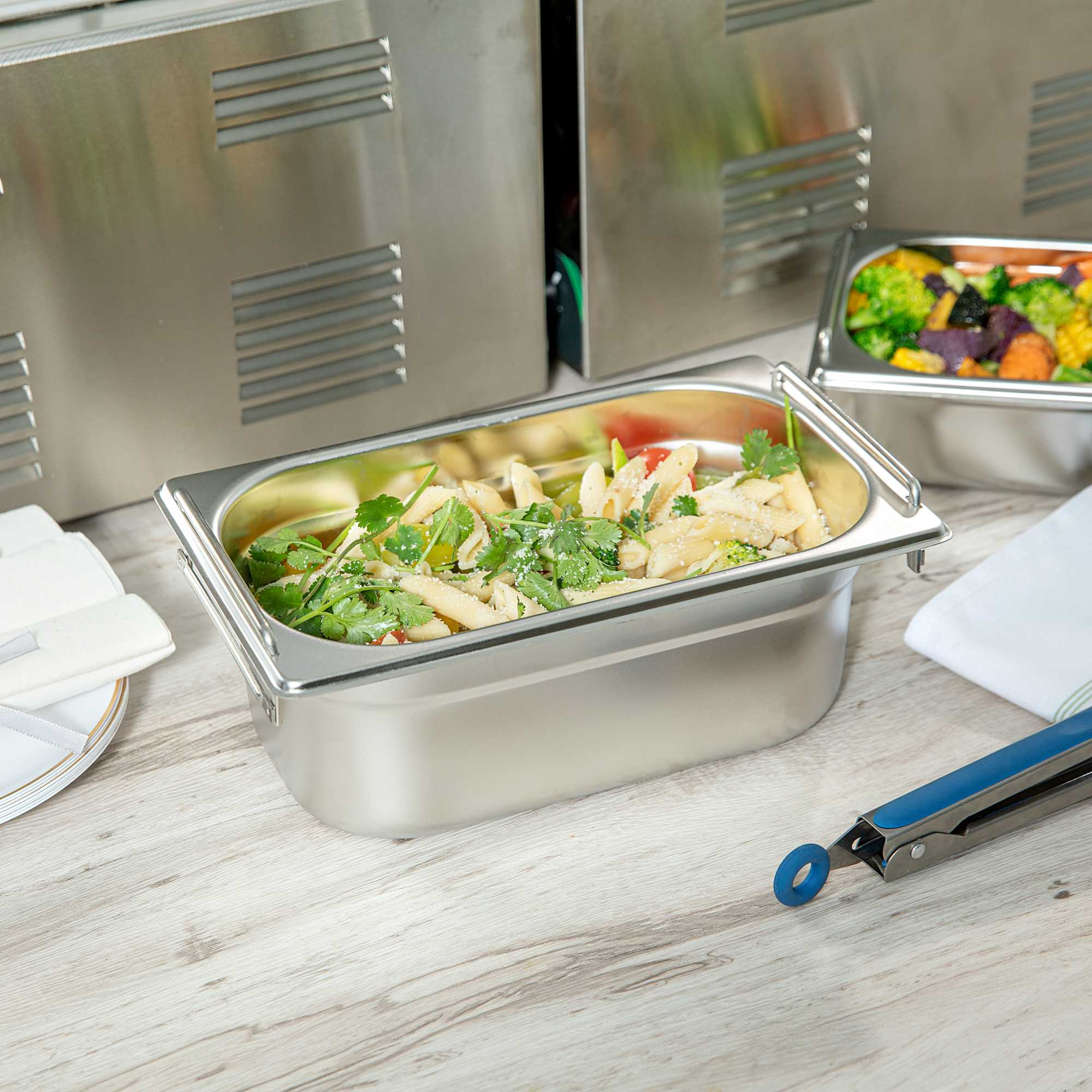 Met Lux Rectangle Stainless Steel 1/4 Size Steam Table Pan - 4 Inch Deep - Anti Jam, Collapsible Handles - 1 count box