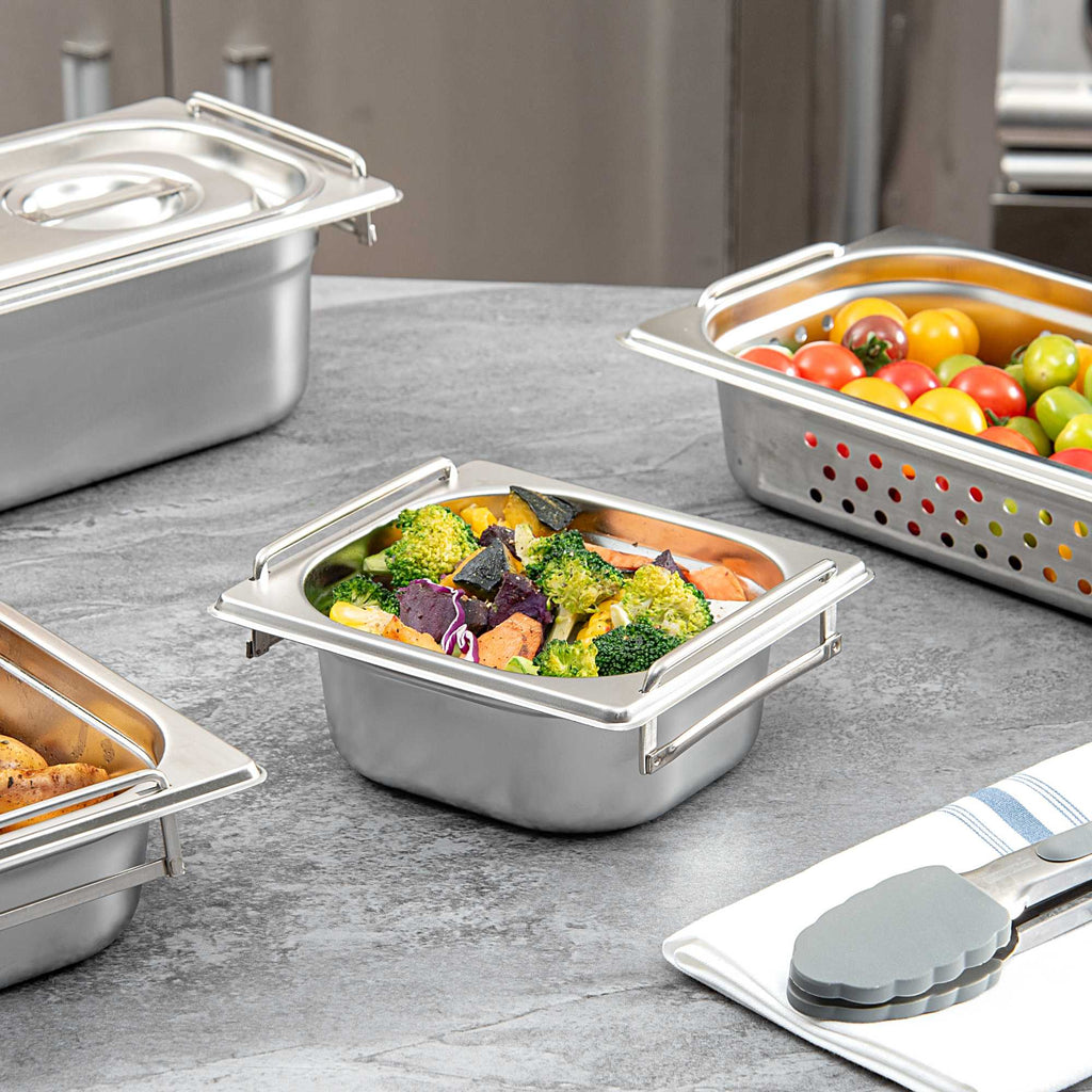 Met Lux Rectangle Stainless Steel 1/6 Size Steam Table Pan 2.5 Inch Deep - Anti Jam, Collapsible Handles - 1 count box