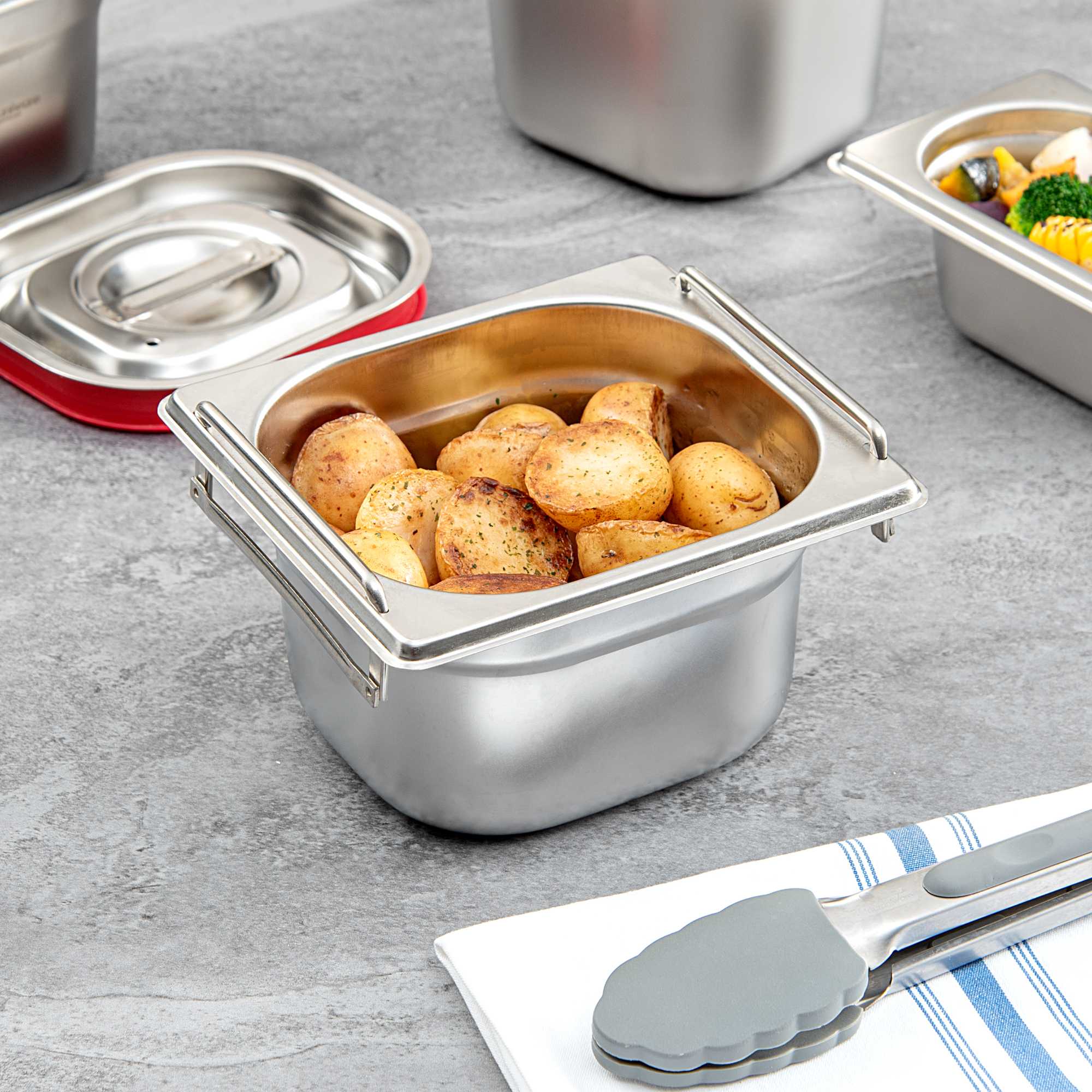 Met Lux Rectangle Stainless Steel 1/6 Size Steam Table Pan 4 Inch Deep - Anti Jam, Collapsible Handles - 1 count box
