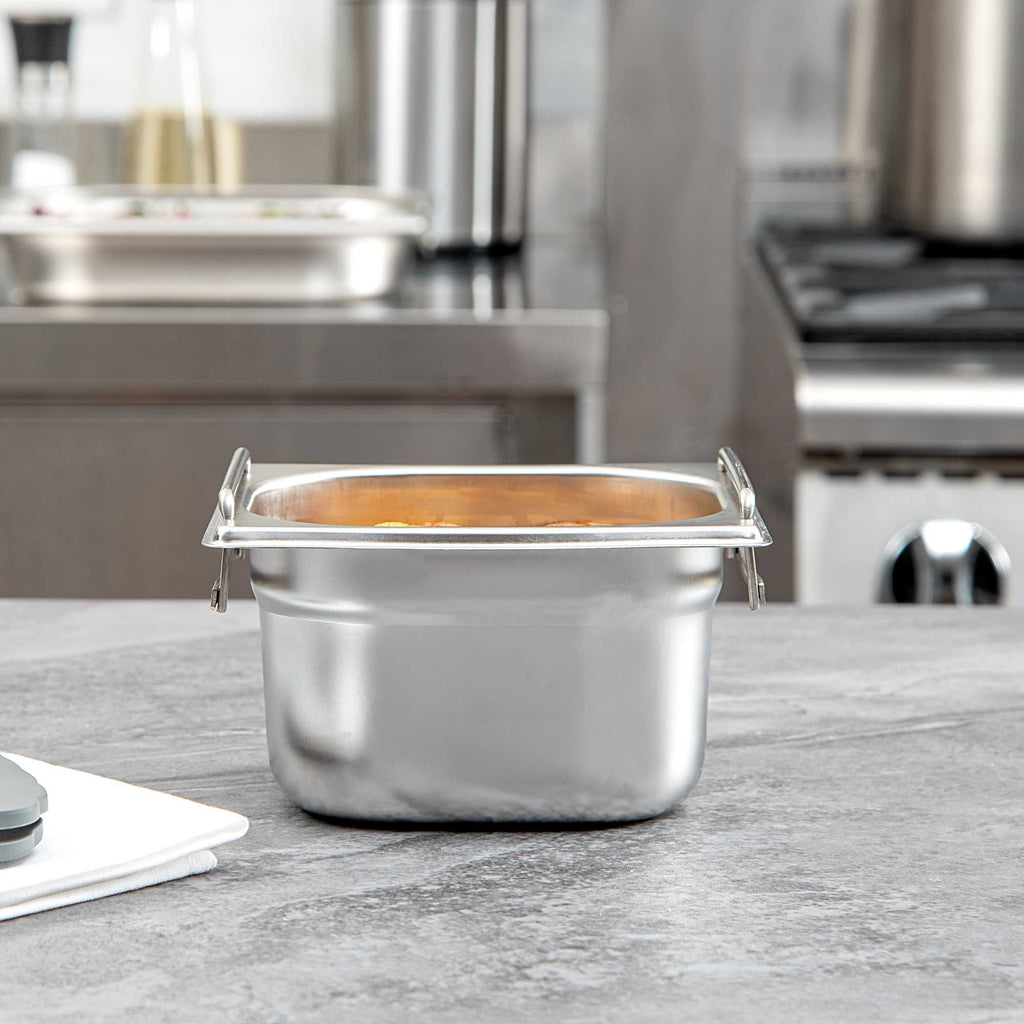 Met Lux Rectangle Stainless Steel 1/6 Size Steam Table Pan 4 Inch Deep - Anti Jam, Collapsible Handles - 1 count box
