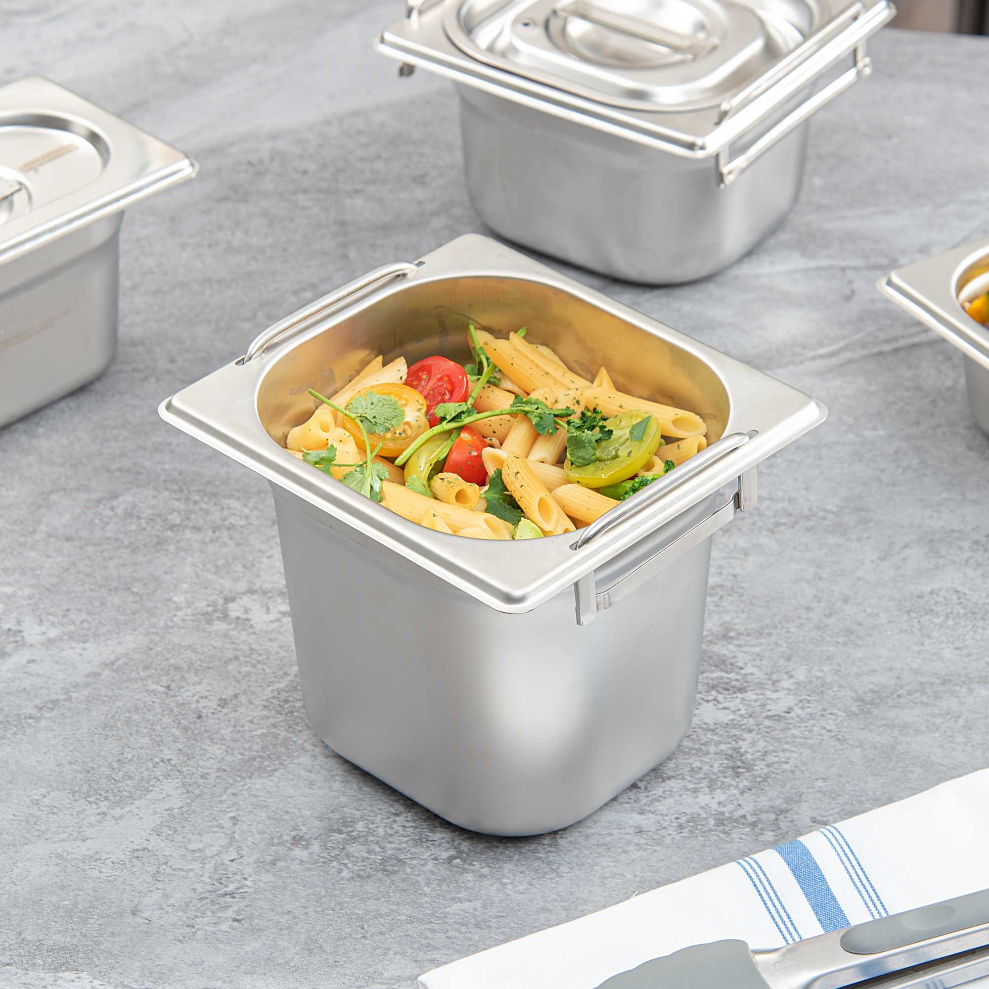 Met Lux Rectangle Stainless Steel 1/6 Size Steam Table Pan - Anti Jam, Collapsible Handles - 1 count box