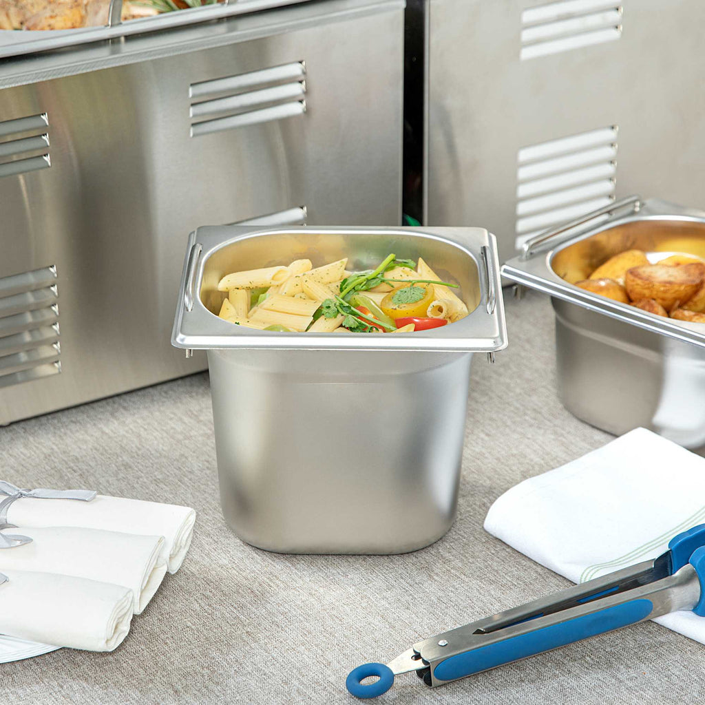Met Lux Rectangle Stainless Steel 1/6 Size Steam Table Pan - Anti Jam, Collapsible Handles - 1 count box